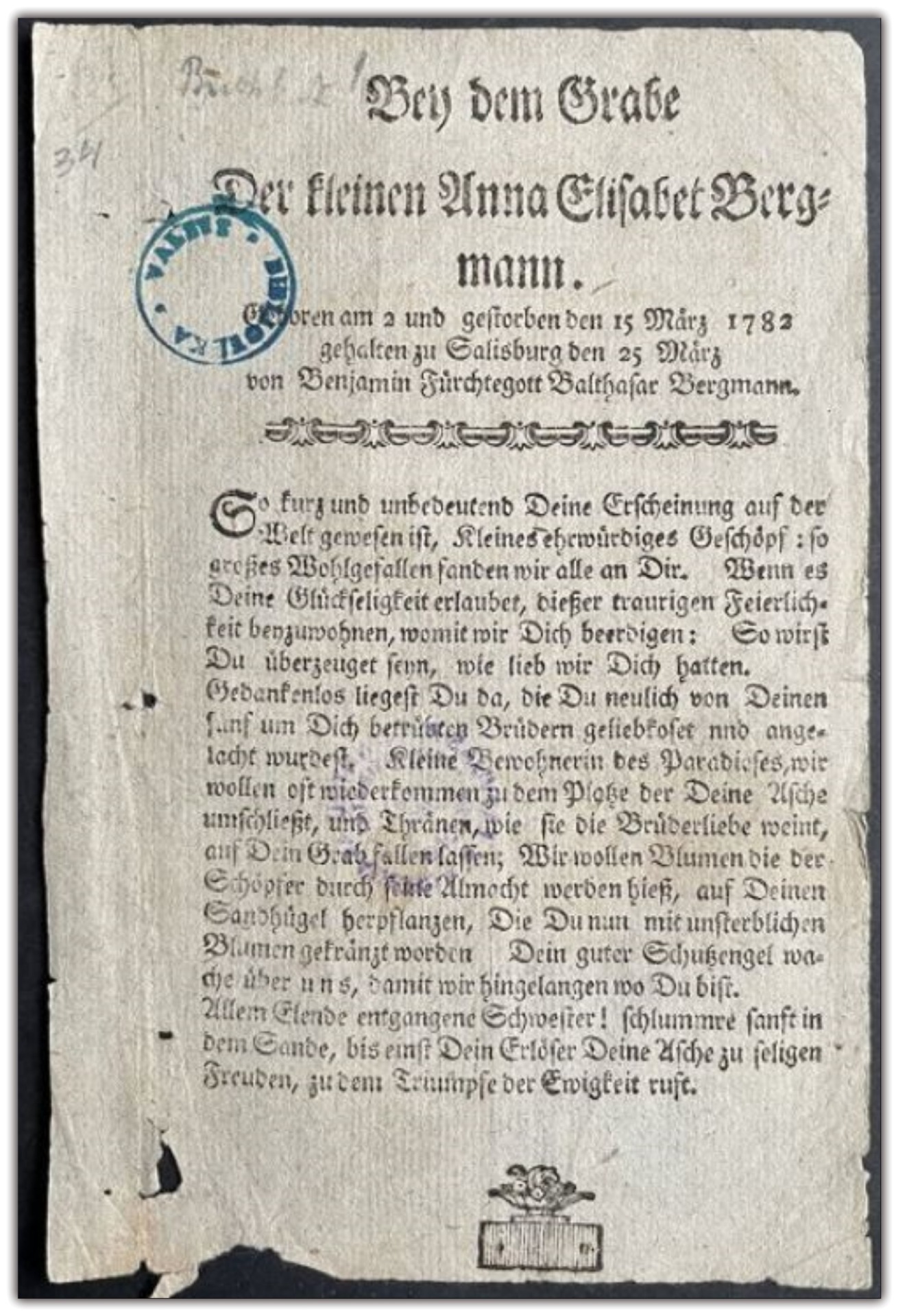 Benjamina Bergmaņa runa pie mazās māsiņas Annas Elizabetes kapa 1782.gada 25. martā.