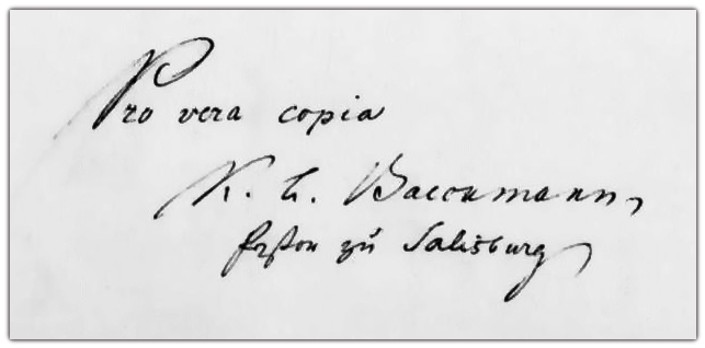Mācītāja Kārļa Bekmaņa paraksts Mazsalacas baznīcas grāmatā.