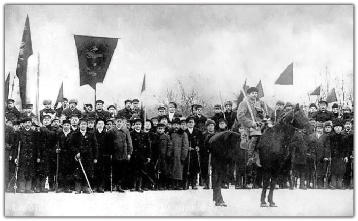 Mazsalacas un Rūjienas miliču vienība 1905. gadā. Priekšplānā uz zirga Krišjānis Bočs